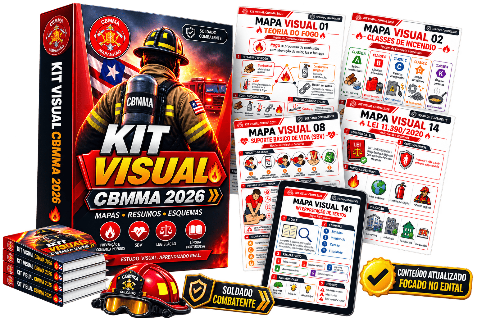 Mockup do Kit Visual CBMMA 2026 com apostila, mapas, resumos, questões e simulados para Soldado Combatente