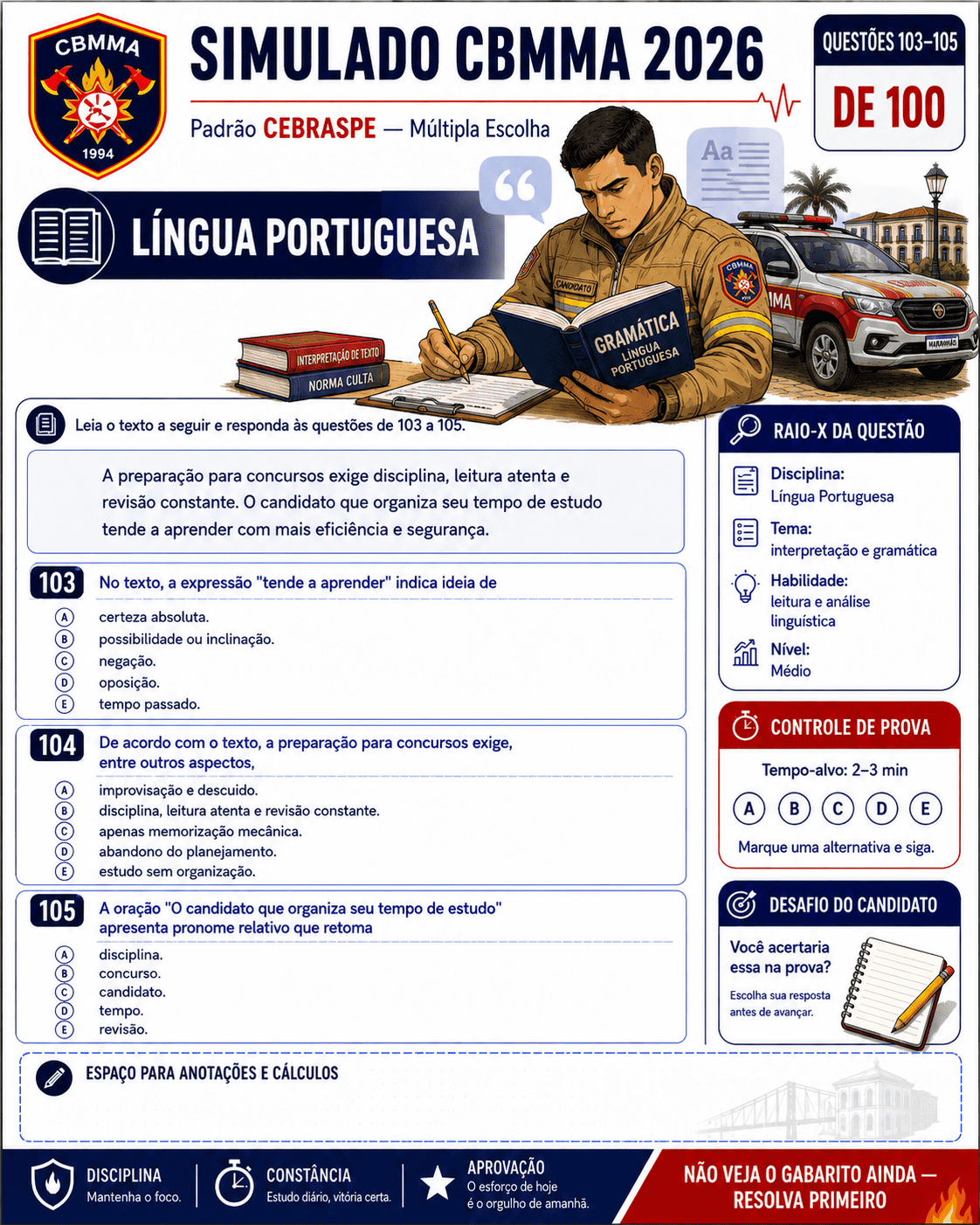 Amostra real de simulado do Kit Visual CBMMA 2026 para Soldado Combatente