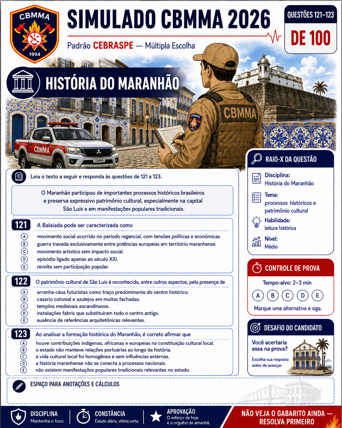 Amostra real de simulado do Kit Visual CBMMA 2026 para Soldado Combatente