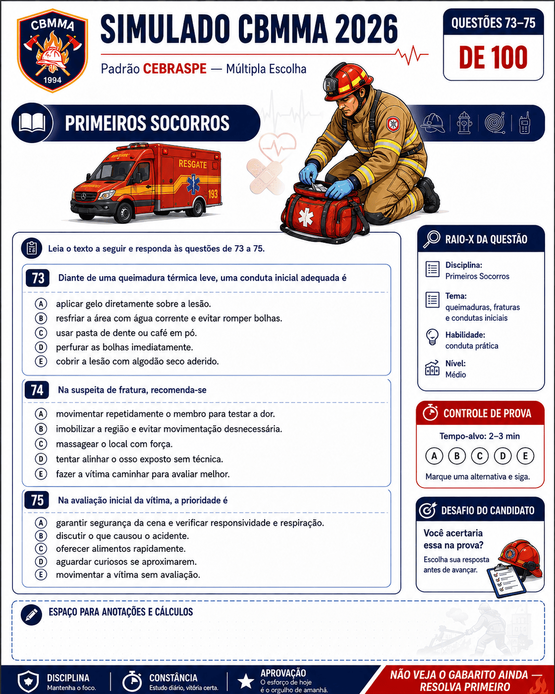 Amostra real de simulado do Kit Visual CBMMA 2026 para Soldado Combatente